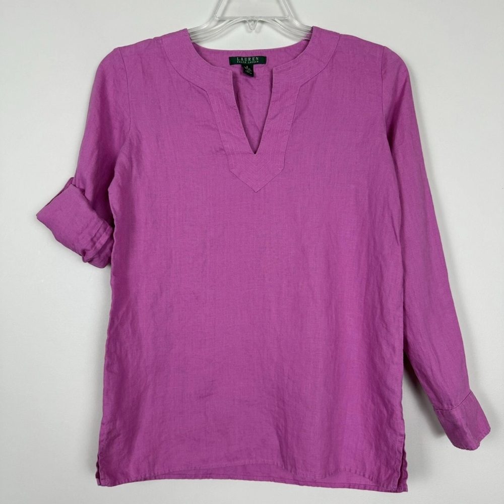 Lauren Ralph Lauren‎ Top Womens S Small Pink Linen Roll Tab Sleeves